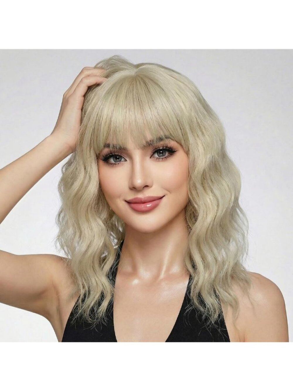 Women's Dark Blonde 14 Inch Short Shoulder Length Synthetic Bangs Wavy Bob Wig